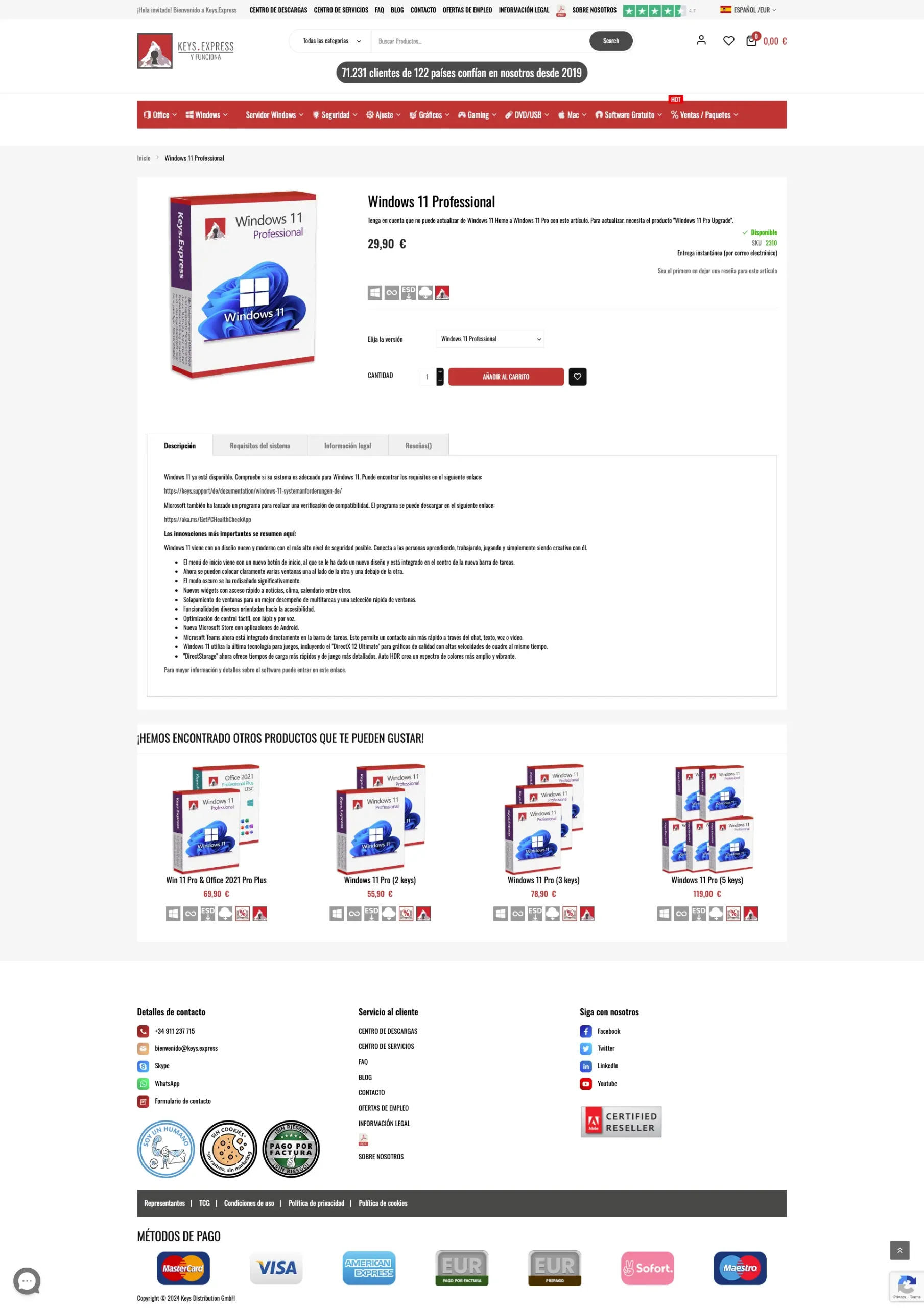 Página de ventas de Keys Express